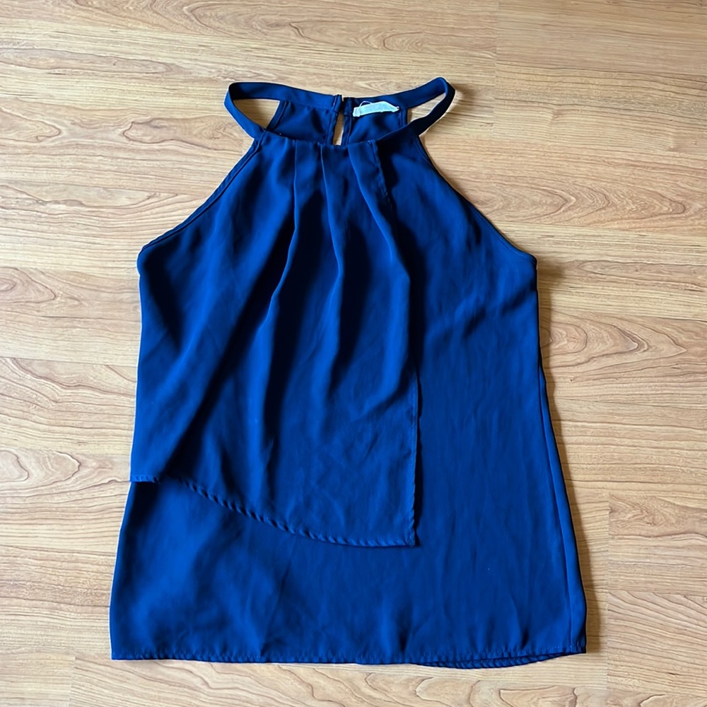 Stella Luce Navy Blue High-neck Flowy Sleeveless Blouse Size Medium
